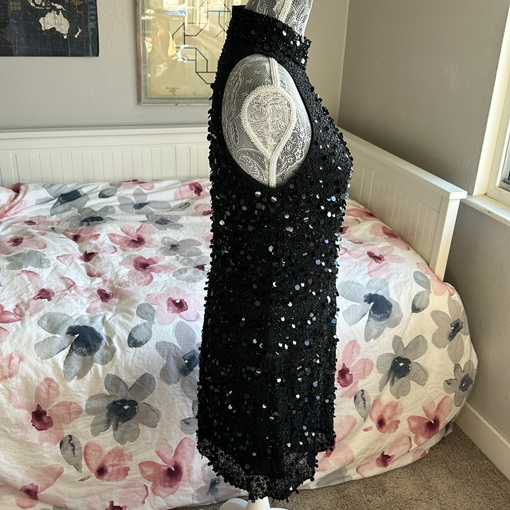 Bicici 100% Silk Sequin & Beaded Black Halter Mock Neck DiscoMini Cocktail Dress - Picture 5 of 14